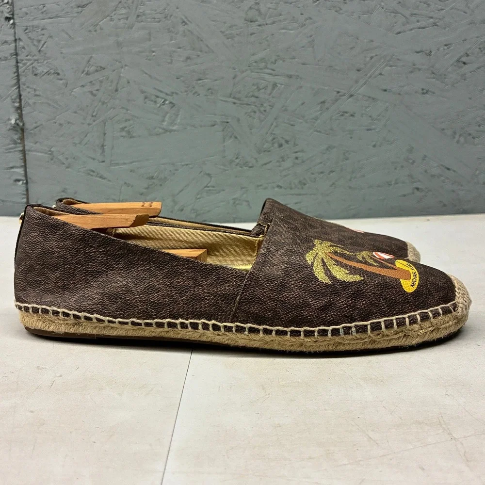 Michael Kors Espadrilles Women's 8.5M Brown Monogram Palm Tree Slip On Beach